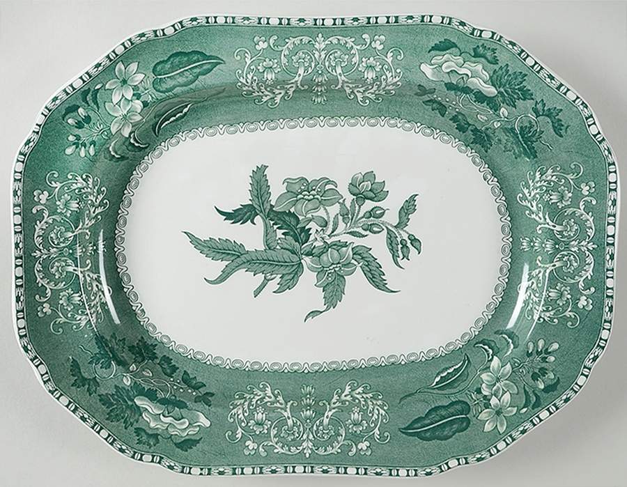 Green Camilla (Scallop, New Black Stamp) 14" Oval Serving Platter by Spode-1