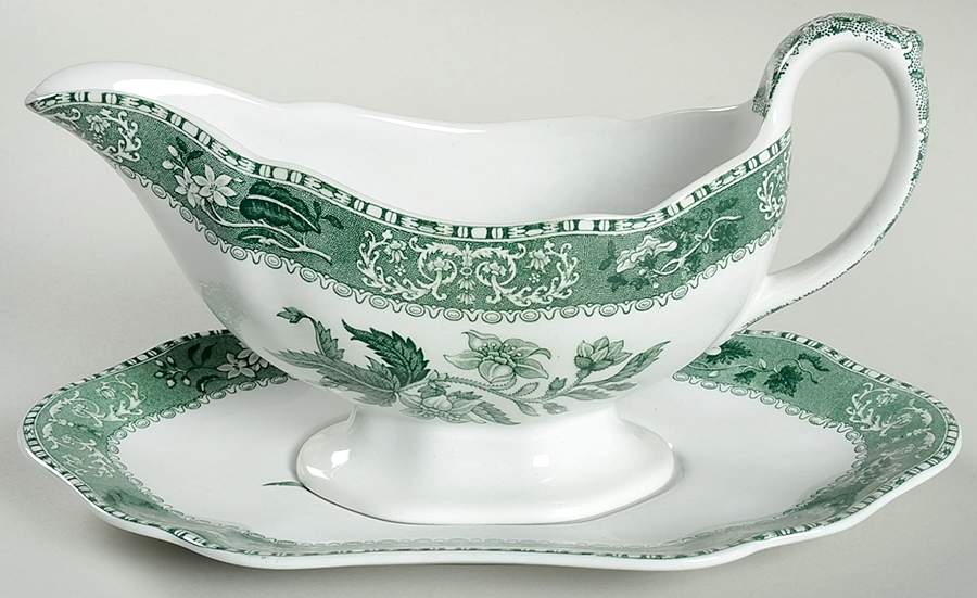 Green Camilla (Scallop, New Black Stamp) Gravy Boat & Underplate by Spode-1