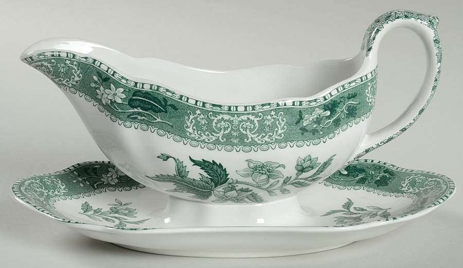 Green Camilla (Scallop, New Black Stamp) Gravy Boat with Attached Underplate by Spode-1