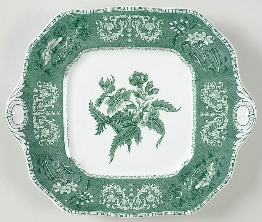 Green Camilla (Scallop, New Black Stamp) Square Handled Cake Plate by Spode-1