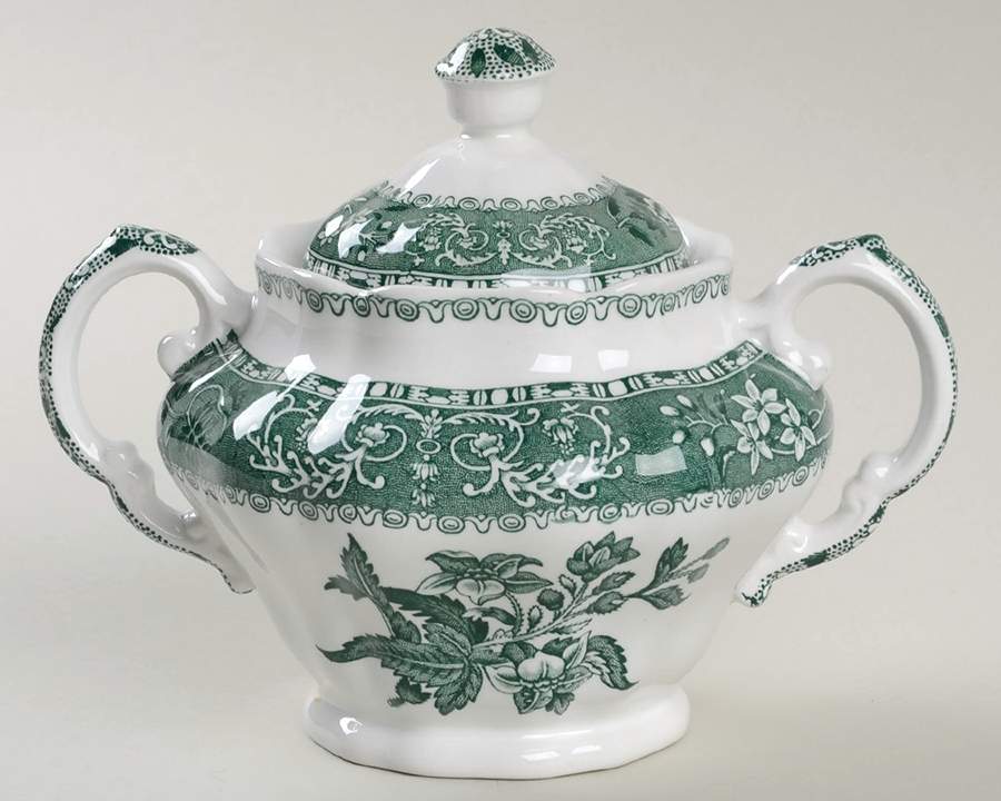 Green Camilla (Scallop, New Black Stamp) Sugar Bowl & Lid by Spode-1