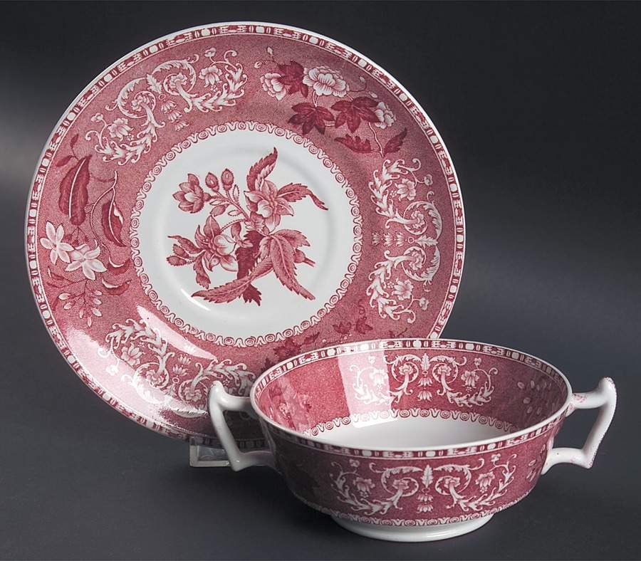 Camilla Red (Earthenware, Smooth) Footed Cream Soup Bowl & Saucer Set by Spode-1