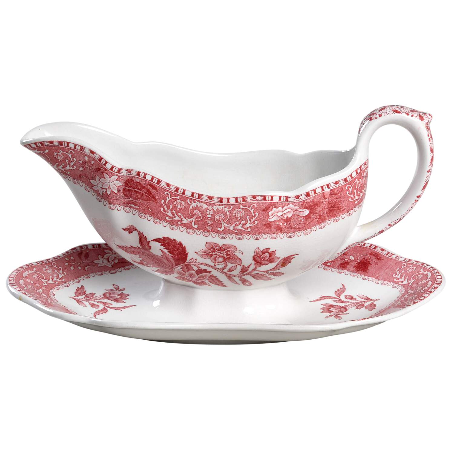 Camilla Red (Earthenware, Smooth) Gravy Boat with Attached Underplate by Spode-1