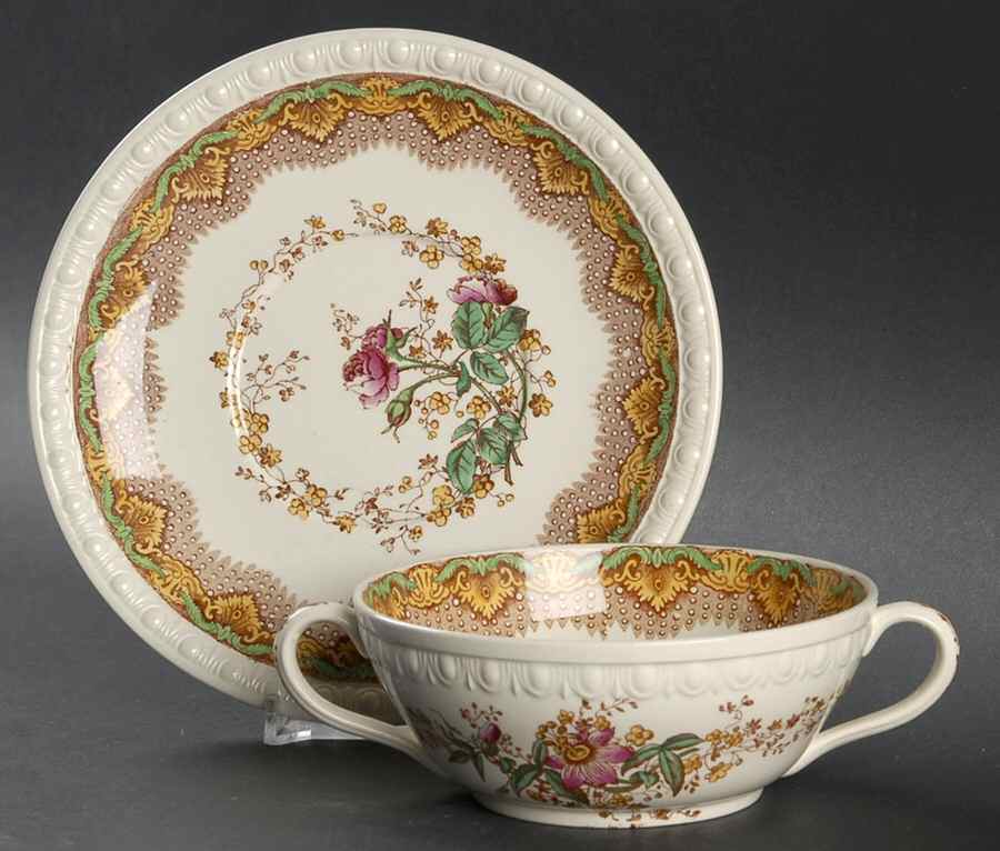 Chatsworth Brown Multicolor Flat Cream Soup Bowl & Saucer Set by Spode-1