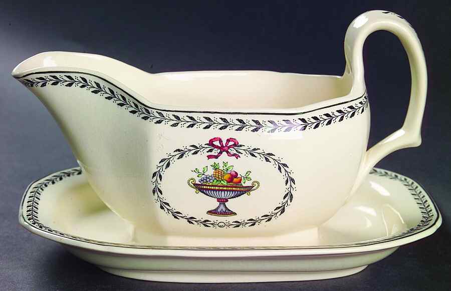 Chaplet (Black Trim) Gravy Boat with Attached Underplate by Spode-1