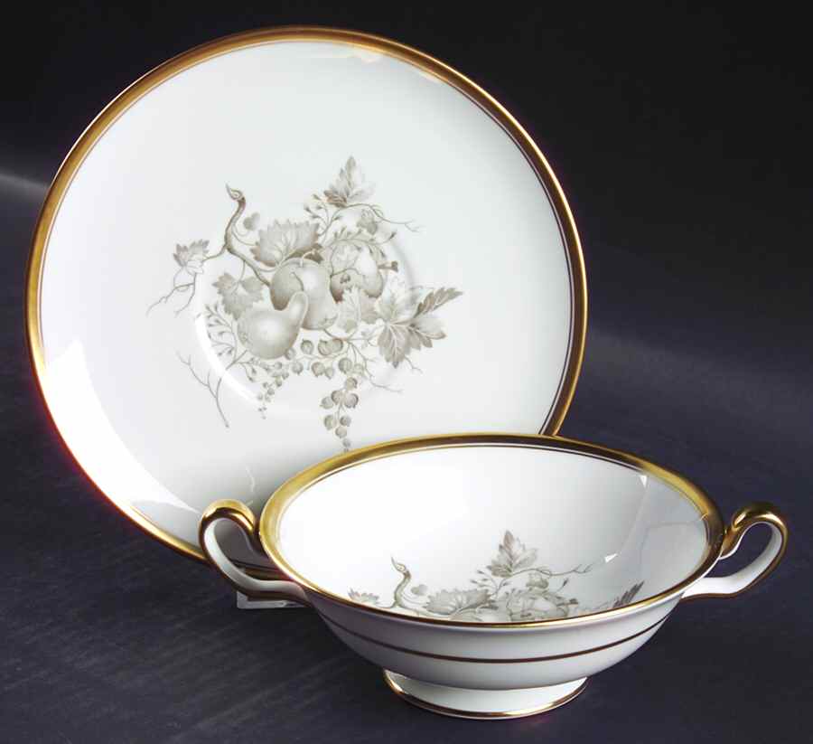 Chatham (Gold Trim) Footed Cream Soup Bowl & Saucer Set by Spode-1