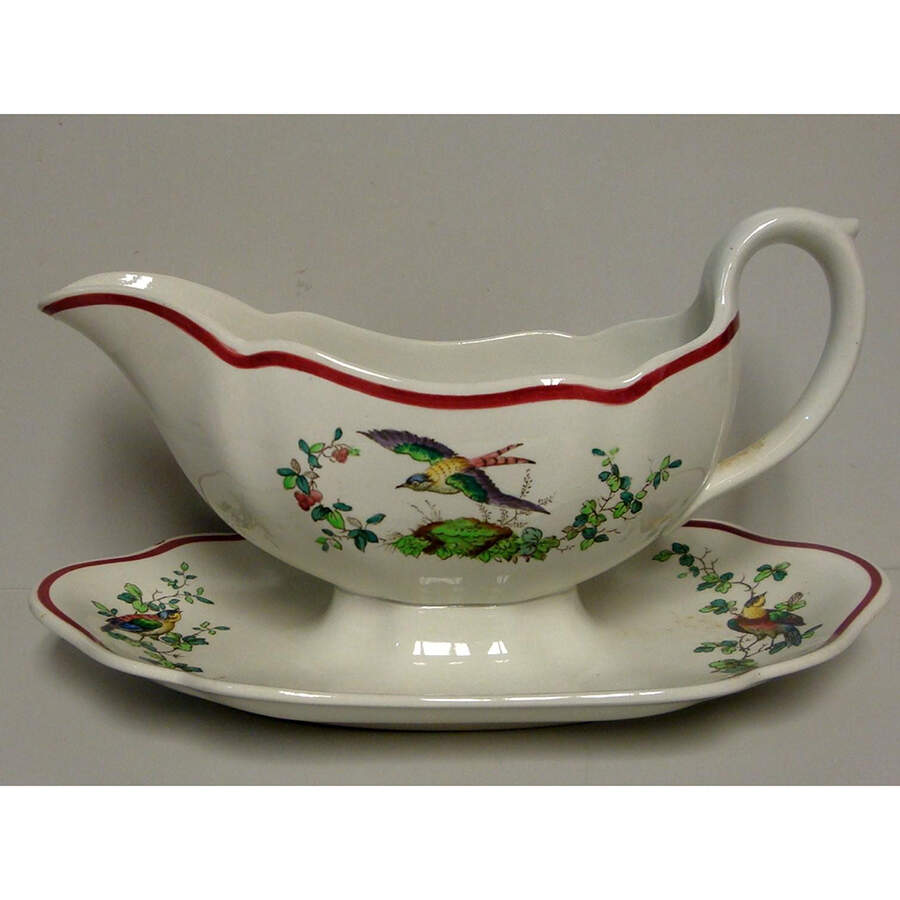 Chelsea Bird Black Bird Gravy Boat with Attached Underplate by Spode-1
