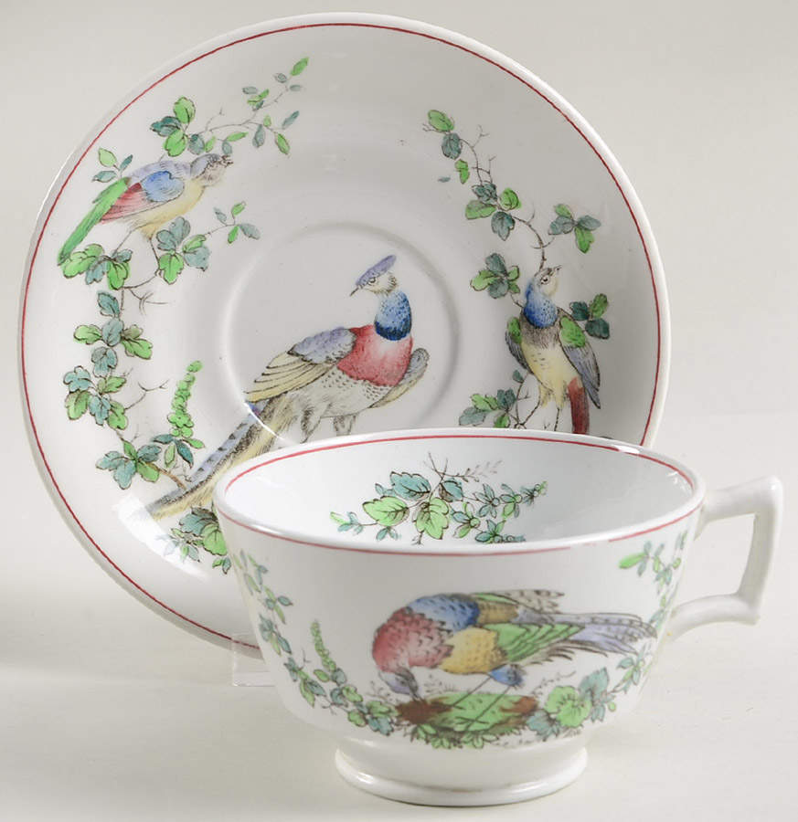 Chelsea Bird (Thin Red Line) Flat Cup & Saucer Set by Spode-1