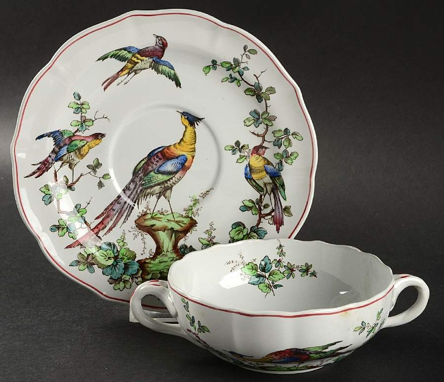 Chelsea Bird (Thin Red Line) Flat Cream Soup Bowl & Saucer Set by Spode-1