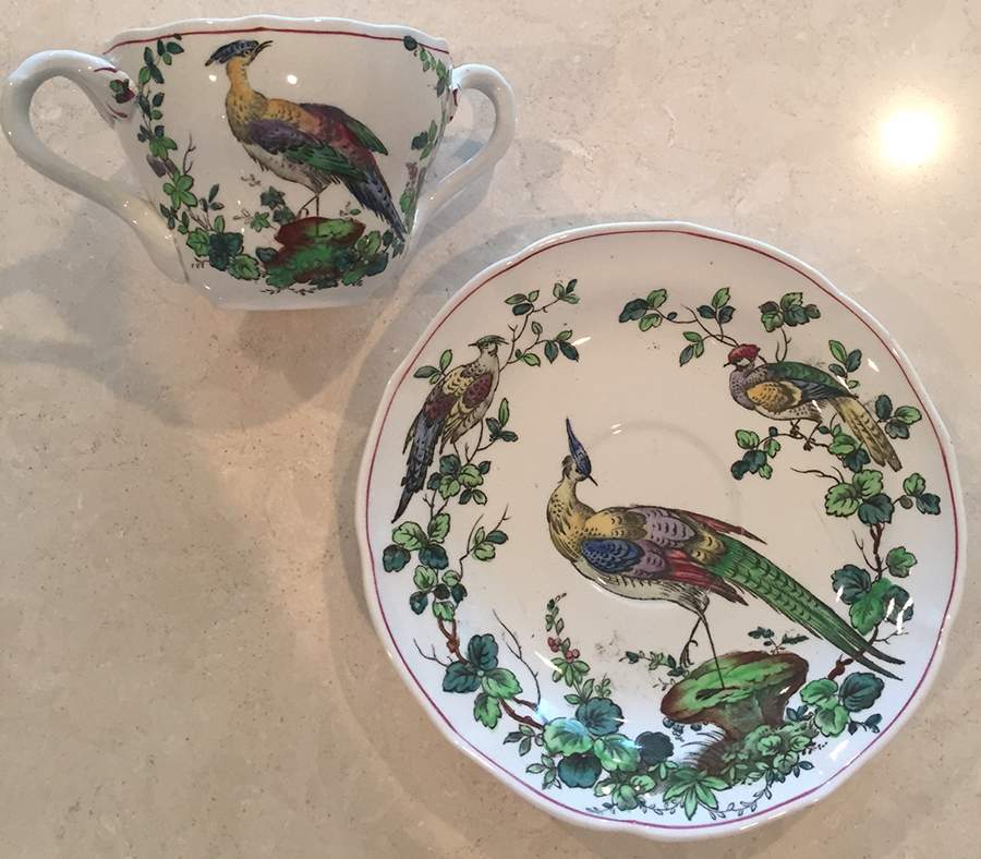 Chelsea Bird (Thin Red Line) Flat Bouillon Cup & Saucer by Spode-1