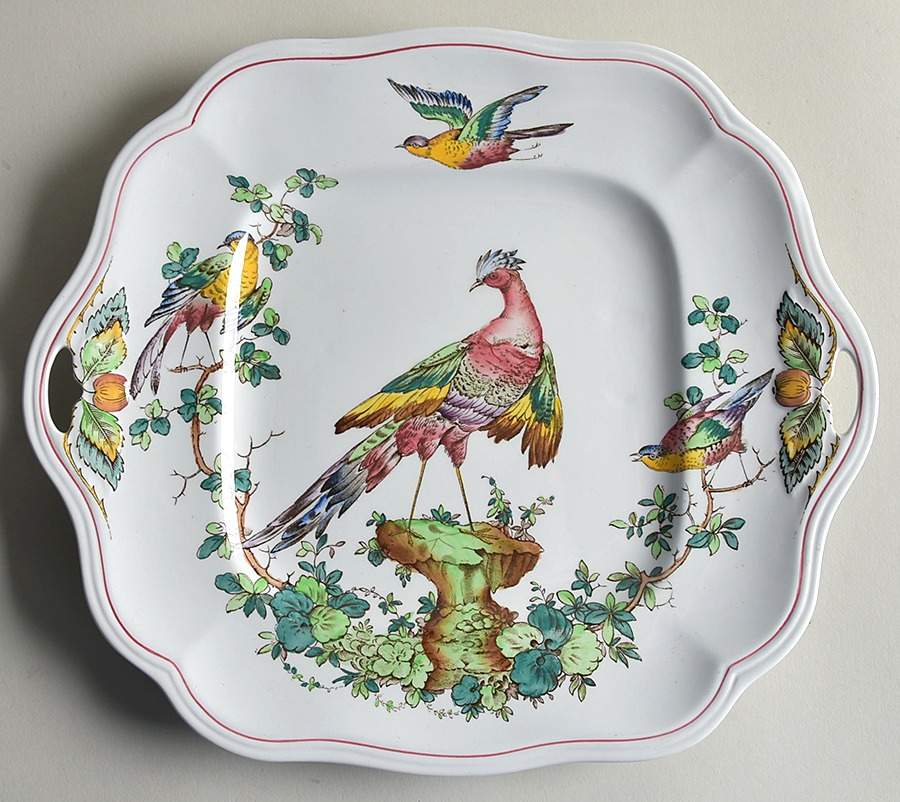 Chelsea Bird (Thin Red Line) Square Handled Cake Plate by Spode-1