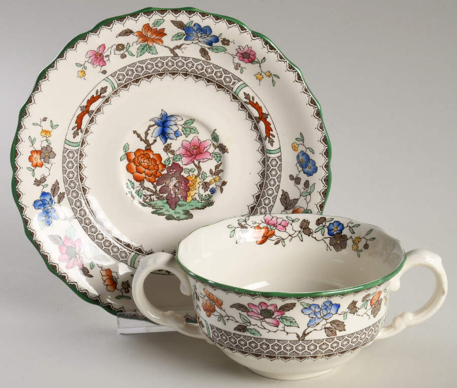 Chinese Rose Bone Flat Cream Soup Bowl & Saucer Set by Spode-1