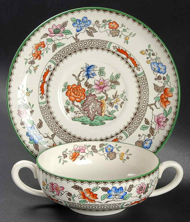Chinese Rose Flat Cream Soup Bowl & Saucer Set by Spode-1