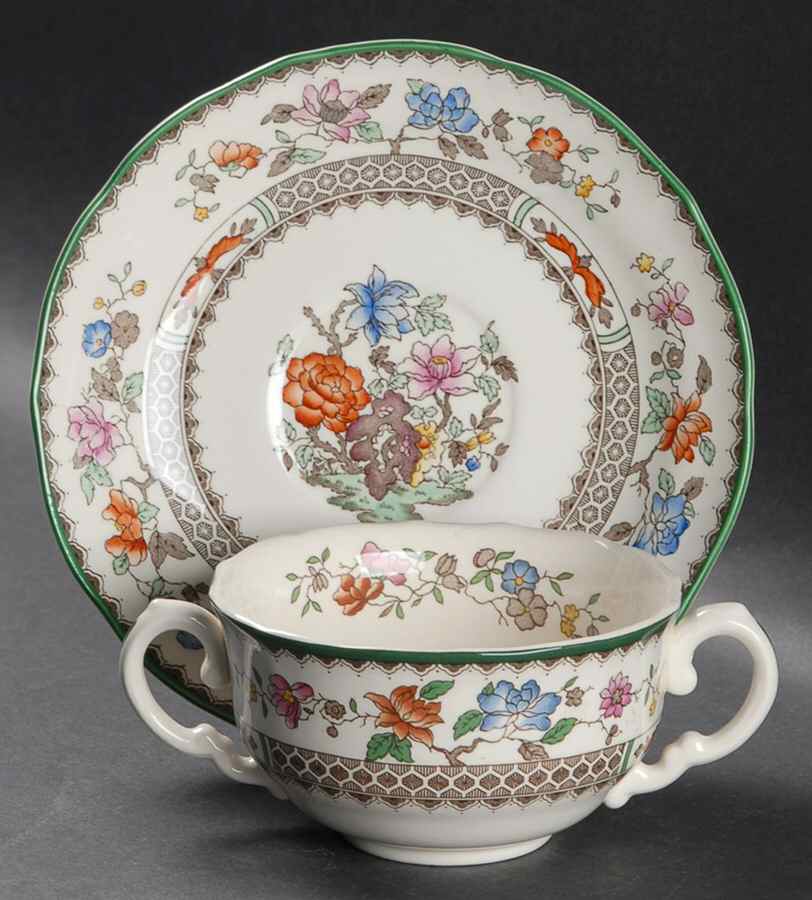 Chinese Rose Footed Cream Soup Bowl & Saucer Set by Spode-1