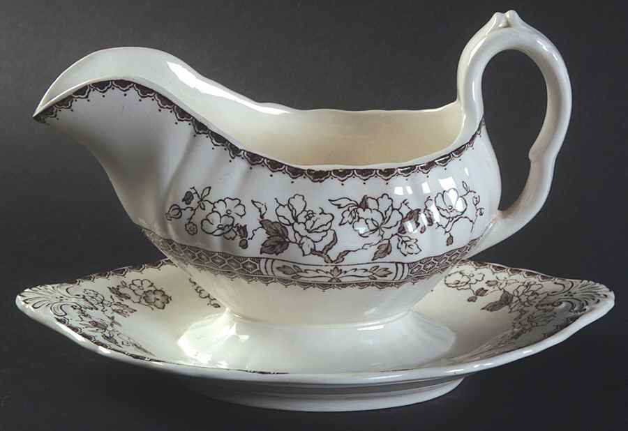 Chinese Rose Brown (Scalloped) Gravy Boat with Attached Underplate by Spode-1