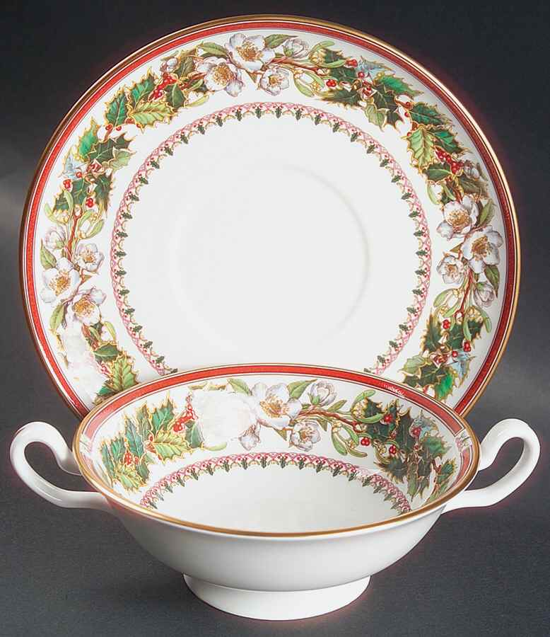 Christmas Rose Footed Cream Soup Bowl & Saucer Set by Spode-1