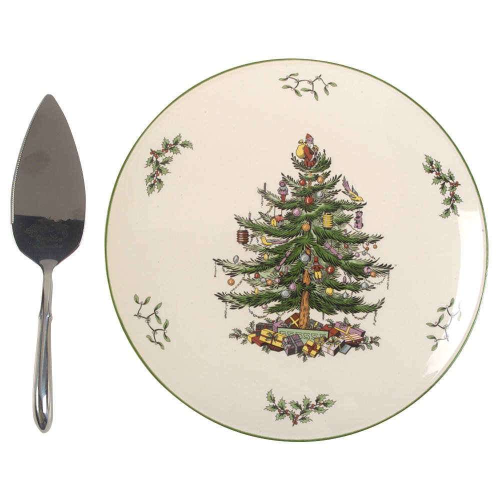 Christmas Tree Cake Plate & Solid Stainless Server w/Box by Spode-1