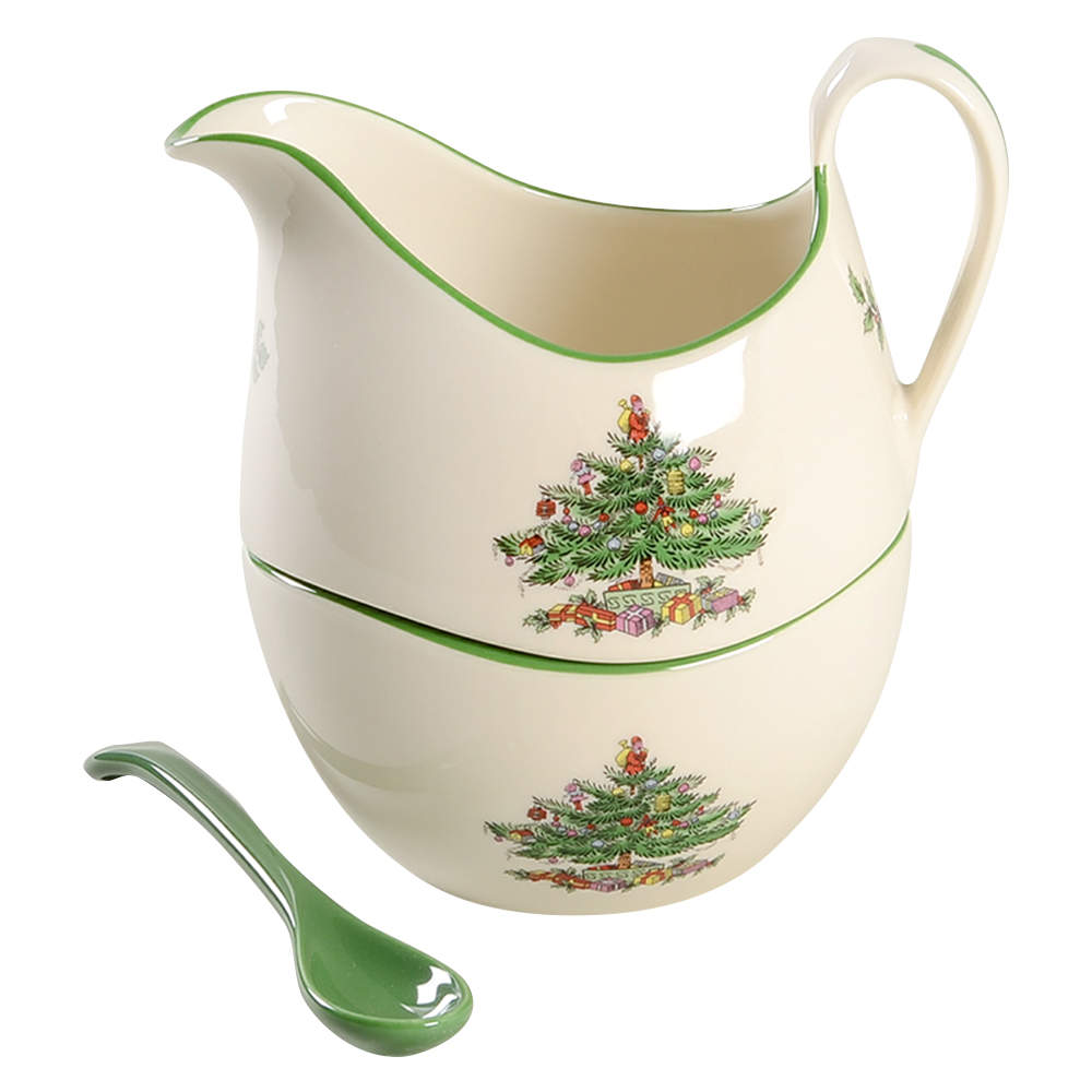 Christmas Tree Stacking Creamer & Open Sugar w/Ceramic Spoon by Spode-1