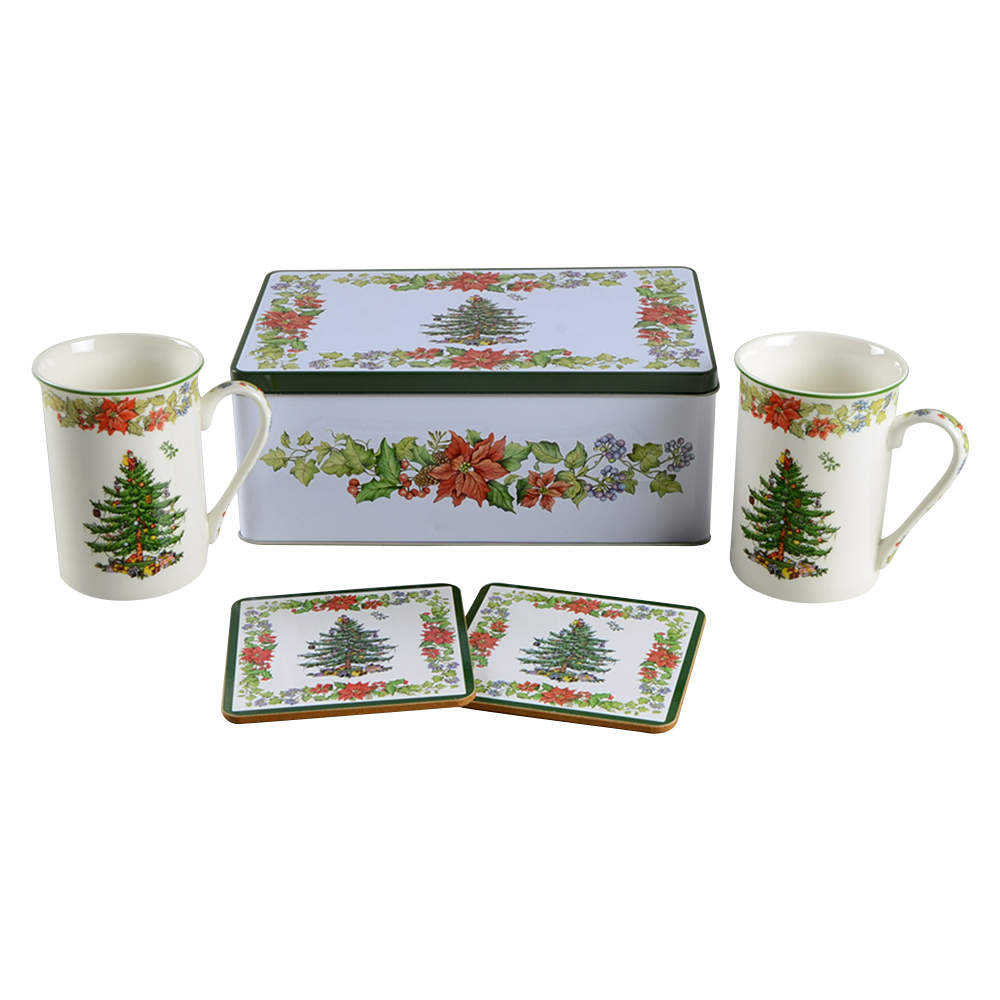 Christmas Tree 5 Pc Mug & Coaster Set W/Tin by Spode-1
