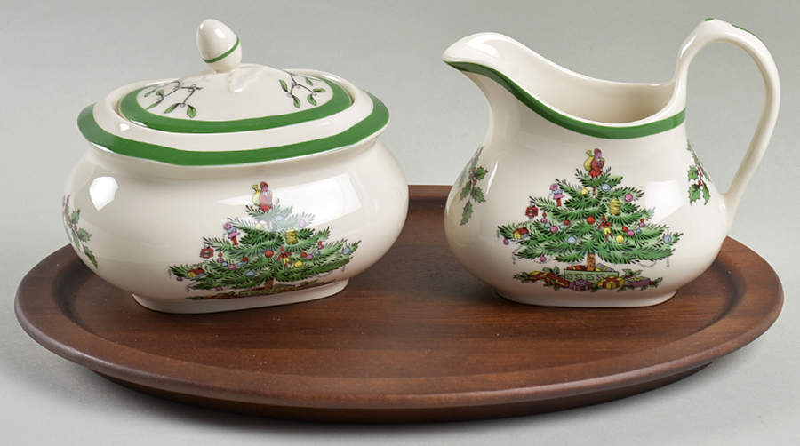 Christmas Tree (4 Piece) Creamer & Sugar Set with Wood Tray by Spode-1