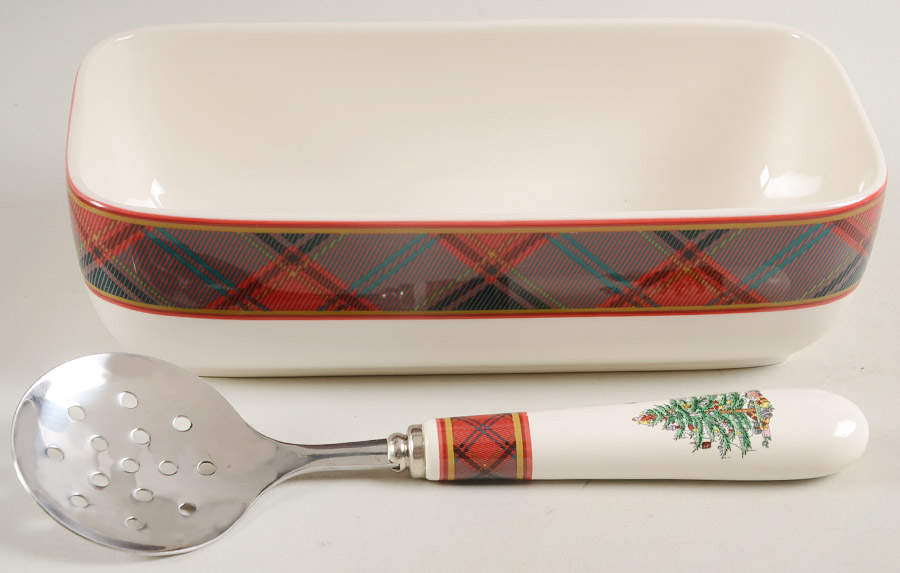 Christmas Tree Rectangular Cranberry Bowl & Stnl Ceramic Server by Spode-1