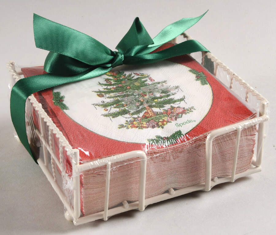 Christmas Tree Package of Paper Beverage Napkins & Metal Caddy by Spode-1