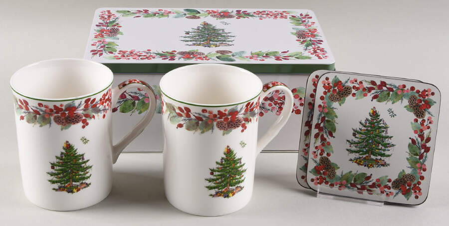 Christmas Tree 5 Pc Mug & Coaster Set W/Tin by Spode-1