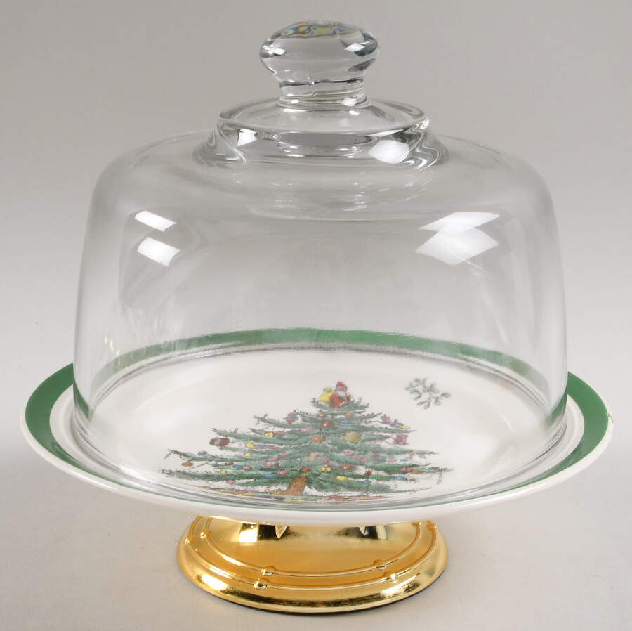 Christmas Tree 6 1/2"-7 1/2" Footed Cheese Plate w/ Glass Dome HC by Spode-1