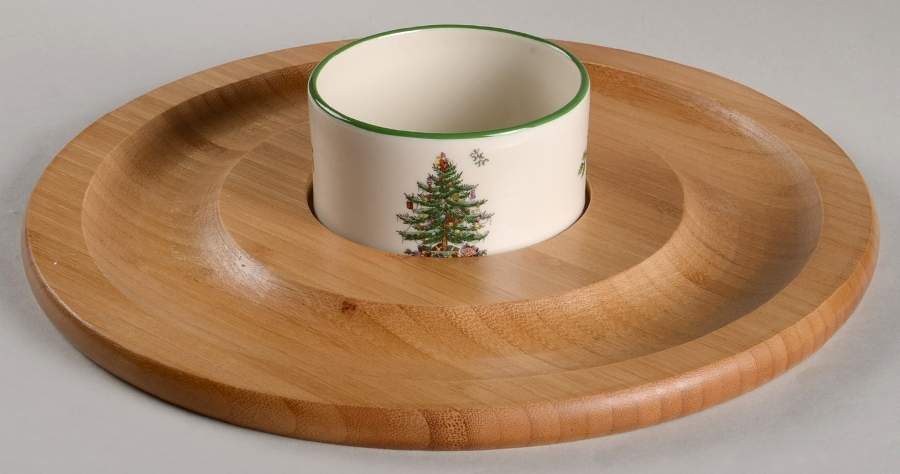 Christmas Tree 2 Pc Chip & Dip Set w/Wood Tray by Spode-1
