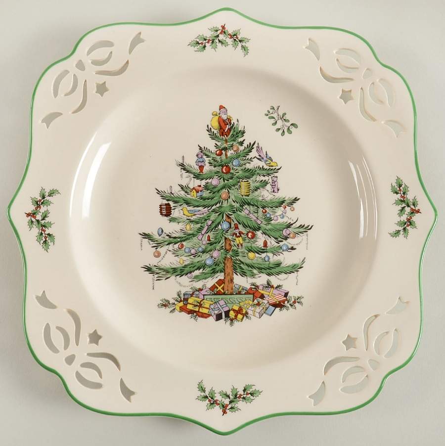 Christmas Tree 9" Pierced Square Plate-65th Anniversary Backstamp by Spode-1