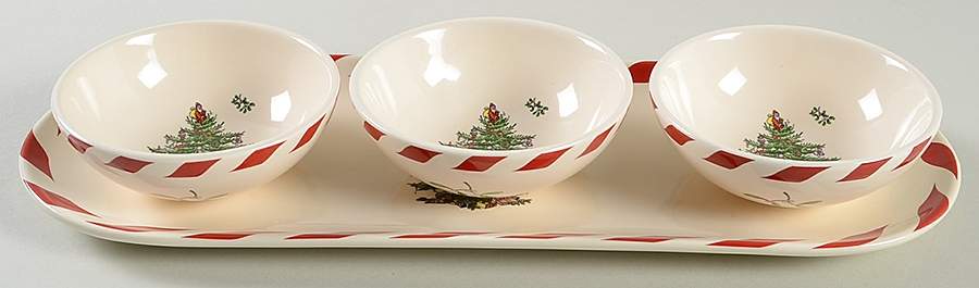 Christmas Tree Oval Peppermint Tray w/3 Dipping Bowls by Spode-1