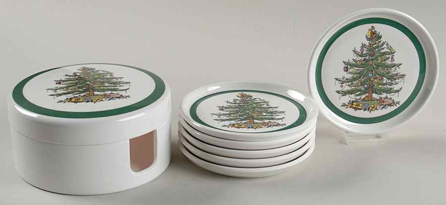 Christmas Tree Plastic Coaster - Set of 6 & Holder with Lid by Spode-1