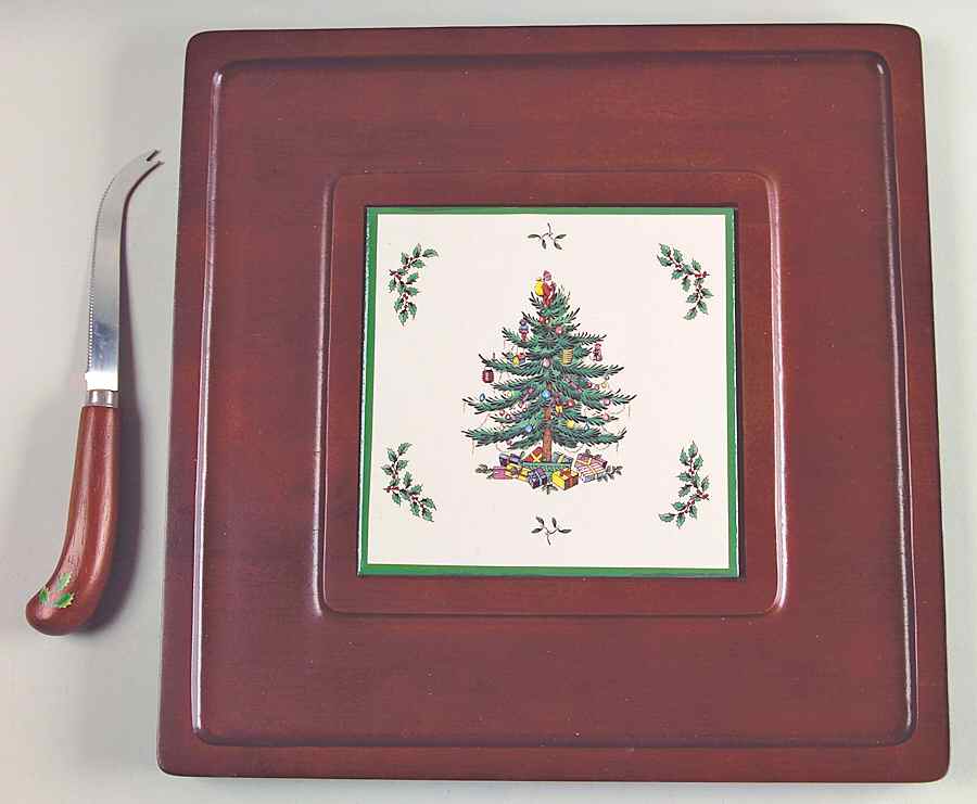 Christmas Tree Cheese Board with Ceramic Tile & Wood Handle Knife by Spode-1