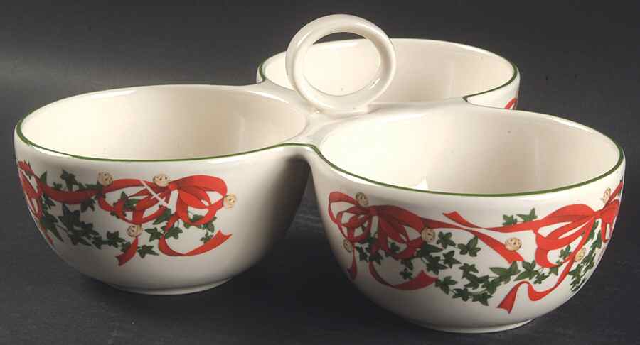 Christmas Tree Red Ribbon 3 Part Divided Server W/Center Handle by Spode-1