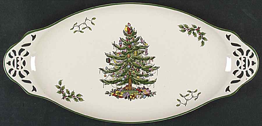 Christmas Tree 15" Oval Pierced Handled Serving Platter by Spode-1