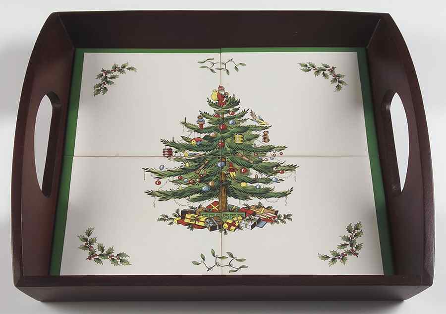 Christmas Tree Square Wood Frame Tea Tray with Tile Insert by Spode-1