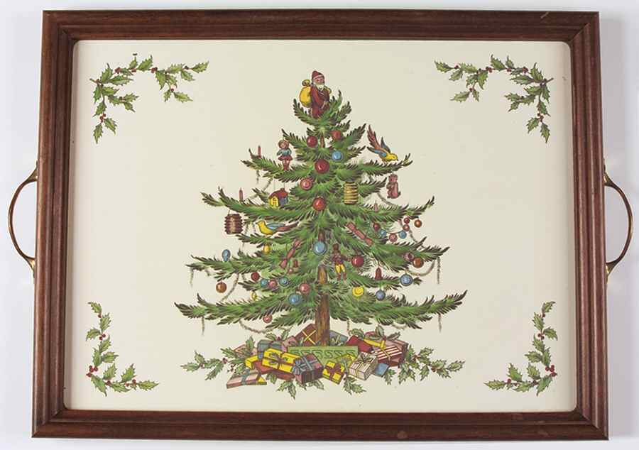 Christmas Tree 18" Rectangular Handled Wood Cork Back Tray by Spode-1