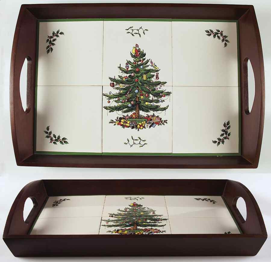 Christmas Tree Rectangular Wood Tray with Tile Insert by Spode-1
