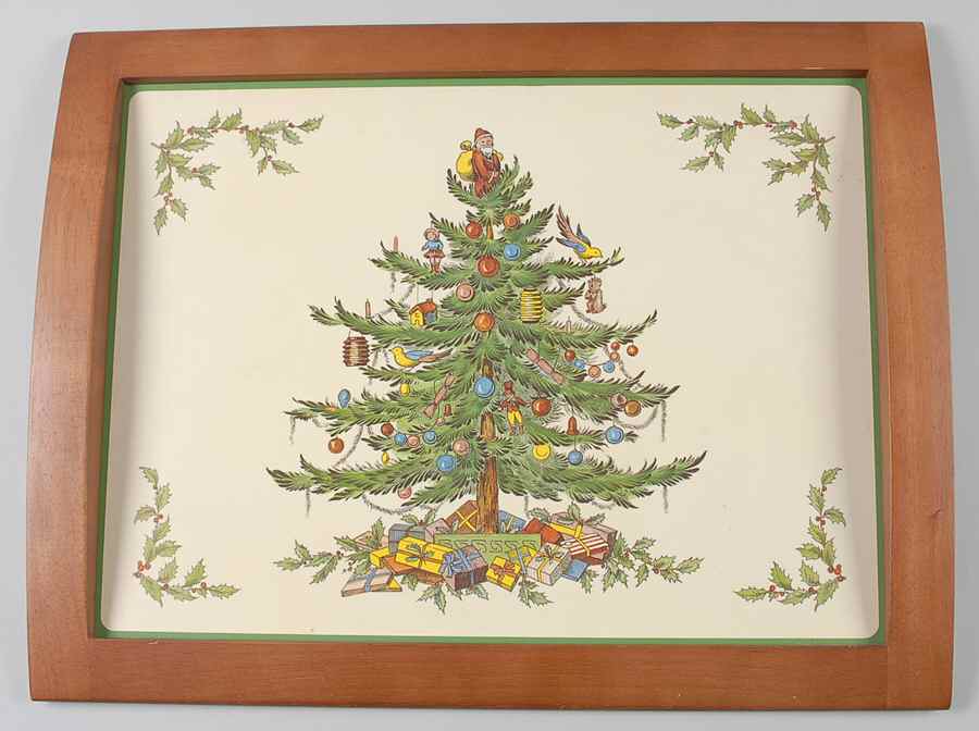 Christmas Tree 17" Rectangular Handled Wood Cork Back Tray by Spode-1