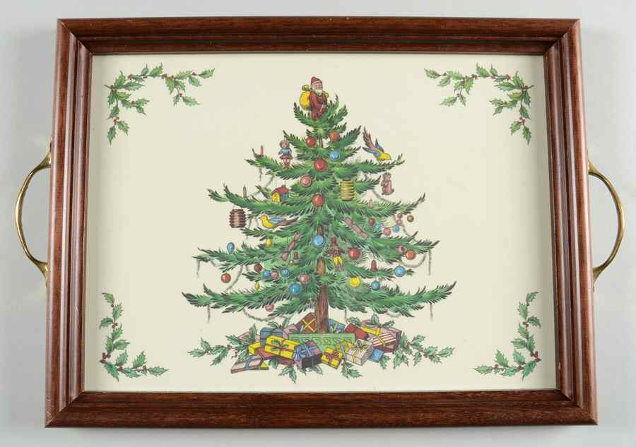 Christmas Tree 14" Rectangular Handled Wood Cork Back Tray by Spode-1