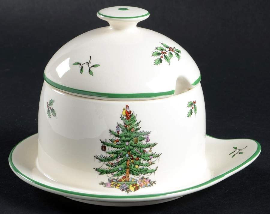 Christmas Tree Honey Pot with Lid and Attached Plate by Spode-1