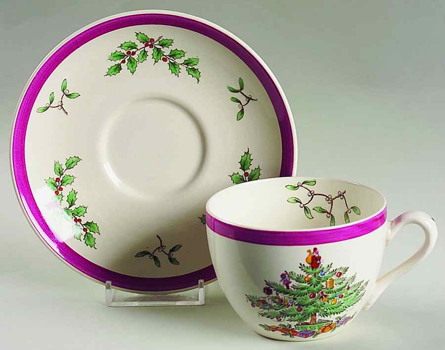 Christmas Tree (Magenta Band, No Trim) Flat Cup & Saucer Set by Spode-1