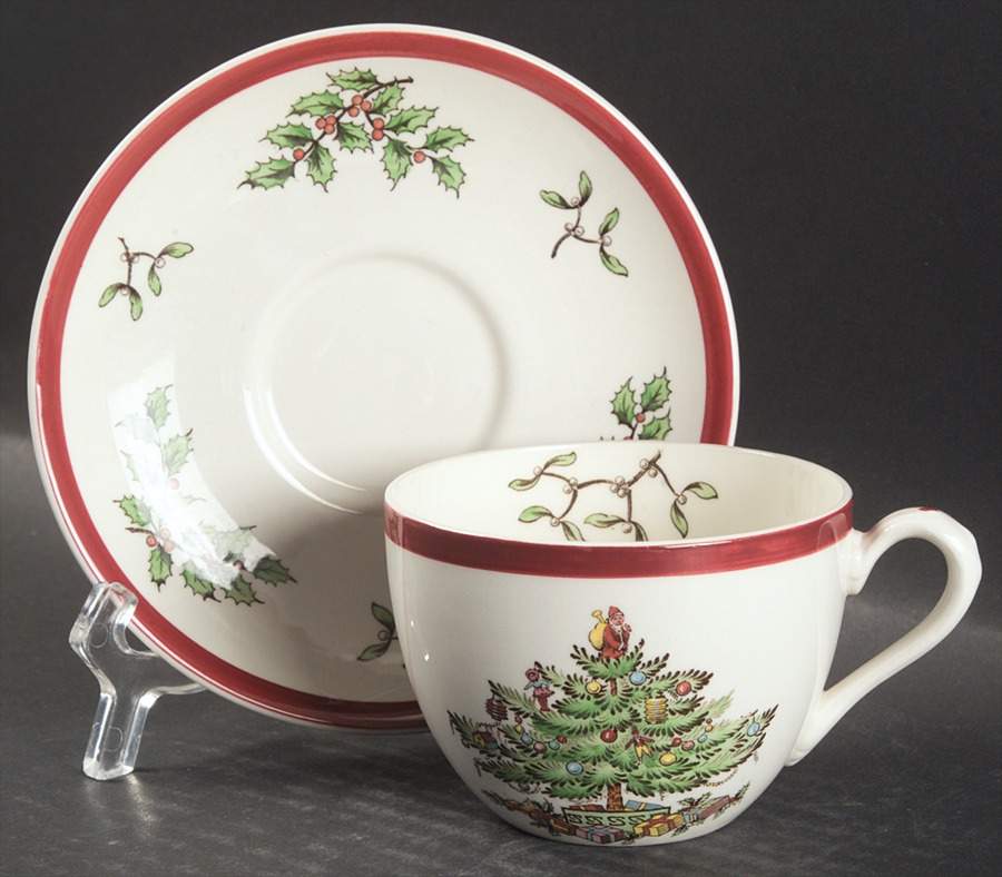Christmas Tree (Thick Red Wine Trim) Flat Cup & Saucer Set by Spode-1