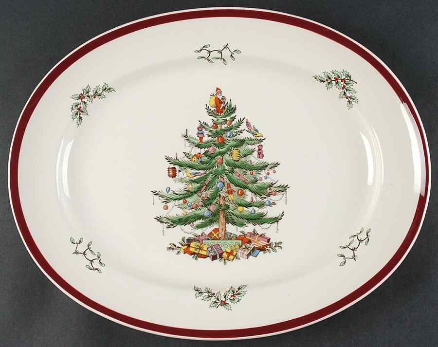 Christmas Tree (Thick Red Wine Trim) 15" Oval Serving Platter by Spode-1