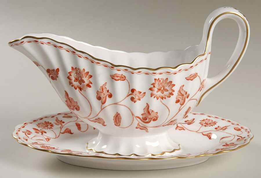 Colonel Red Gravy Boat with Attached Underplate by Spode-1