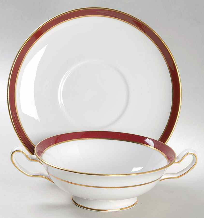 Consul Crimson Footed Cream Soup Bowl & Saucer Set by Spode-1