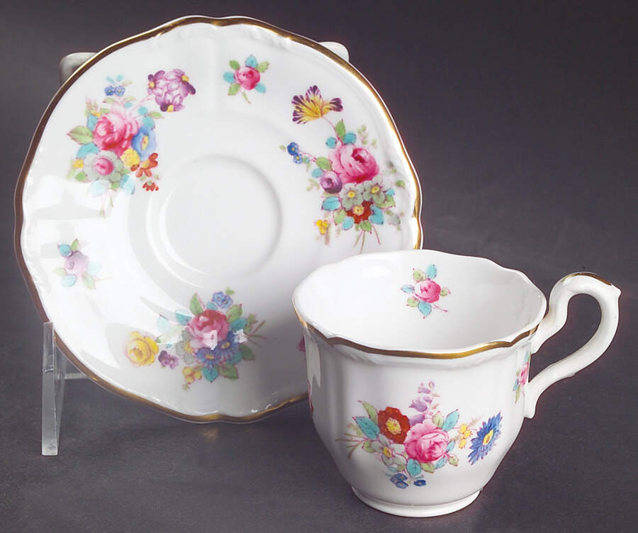 Dresden Rose (R2241, Scalloped, Gold) Footed Demitasse Cup & Saucer Set by Spode-1