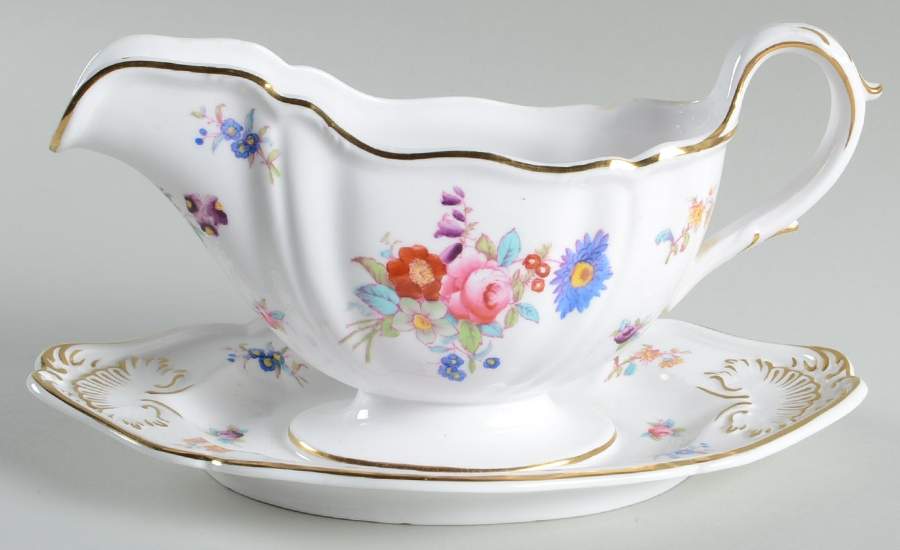 Dresden Rose (R2241, Scalloped, Gold) Gravy Boat with Attached Underplate by Spode-1