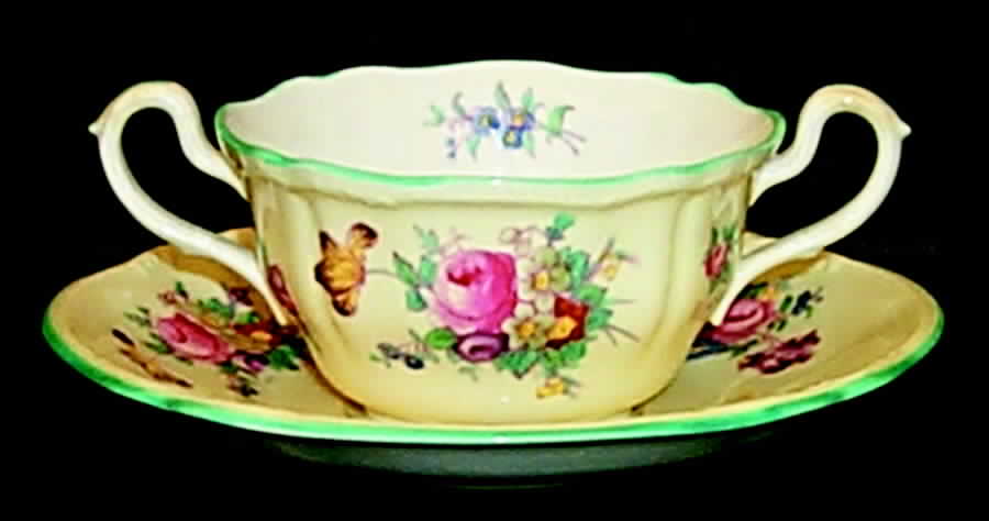 Dresden Rose (Y676, Green Trim) Bouillon Cup & Saucer by Spode-1