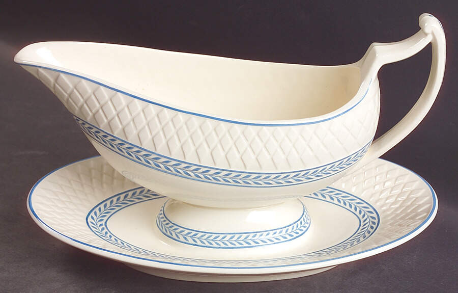 Elaine Blue (1290, Mansard) Gravy Boat with Attached Underplate by Spode-1